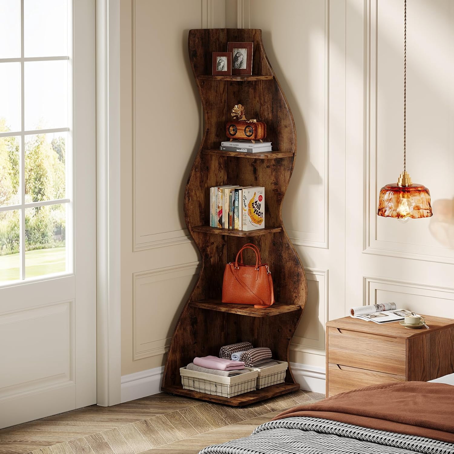 Tribesigns Small Corner Shelf, 5-Tier Modern Corner Bookcase for Small Space, Living Room (Brown)