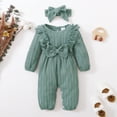 thumbnail image 3 of KIMI BEAR Infant Baby Girls Romper 12-18 Months Round Neck Long Sleeves Bodysuits Fall Winter Solid Color Bowknot One-piece Headband Green, 3 of 10