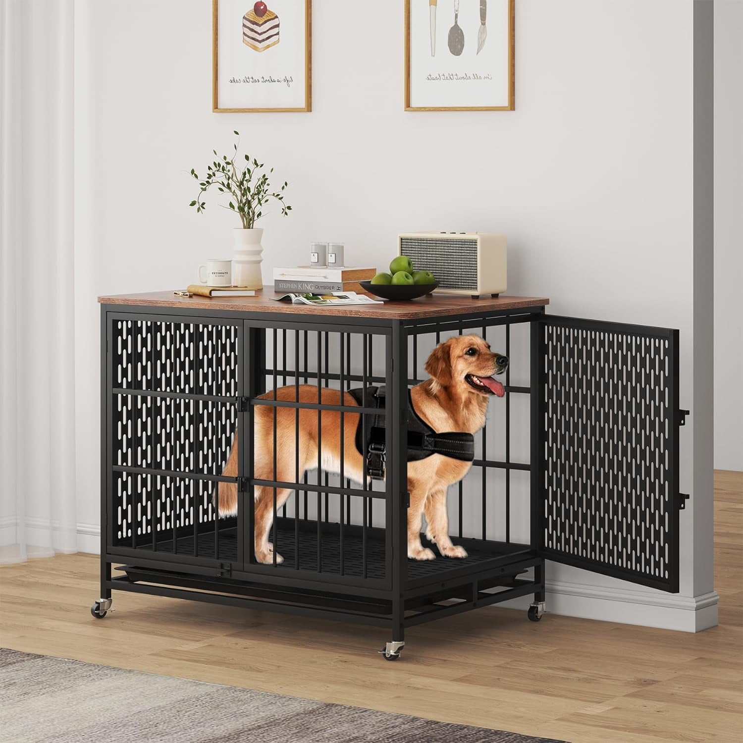 Frmobepts Dog Crate Furniture, 42'' Large Wooden Indoor Dog Cage Table with Sliding & Lockable Doors for Medium Dogs, Retro