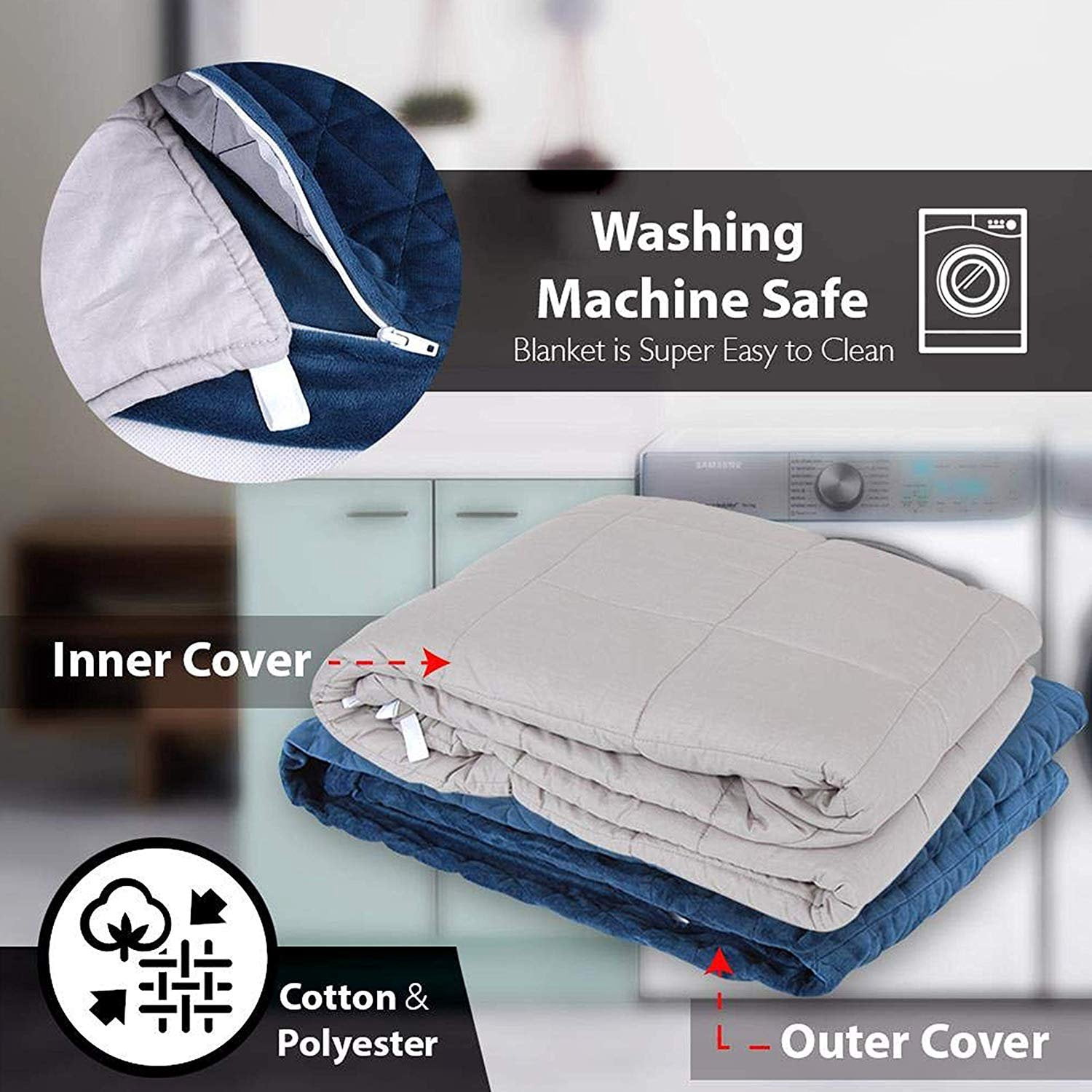 SereneLife Weighted Blanket Duvet Cover, Queen Size, Blue (For Models: SLHVBLKT20, SLHVBLKT15)