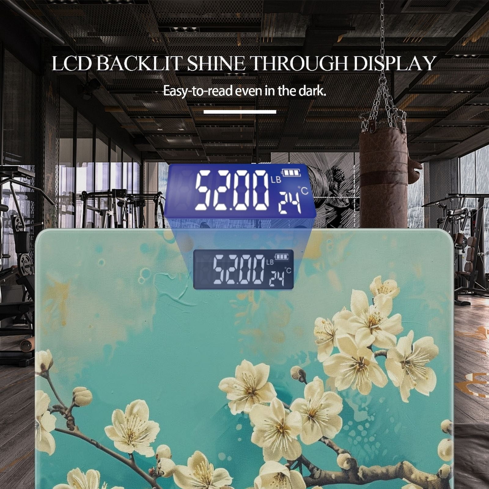 Bathroom Scale, Highly Accurate Digital Body Scale,Precisely Measures Weight up to 400 lbs-White Plum Blossoms On Turquoise Background