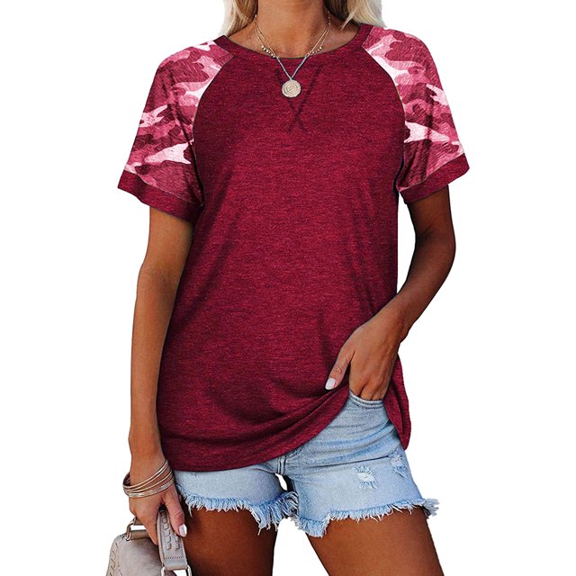 Top de mujer Vhermosa Cuello Redondo Manga Corta Empalme Casual Vino Rojo XXL