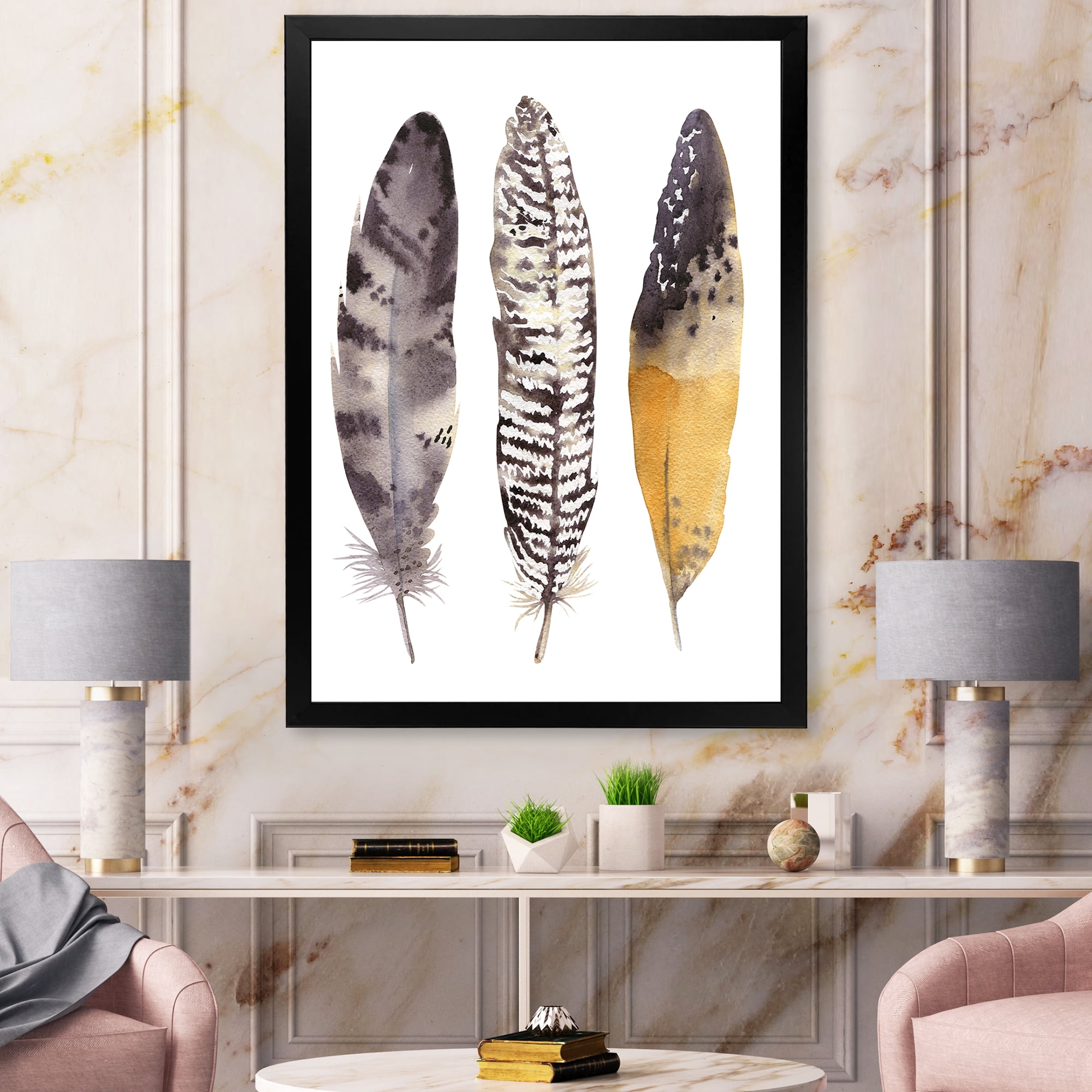 Designart 'Boho Ethnic Art Dark Gray Feathers III' Bohemian & Eclectic Framed Art Print