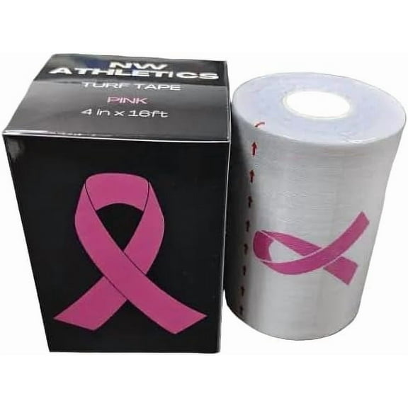 NW Athletics Football Turf Tape, Kinesiology Pink Breast Cancer Awareness, 4 Inches Wide 16ft Long, White Tape with Pink Ribbon, Athletic Tape