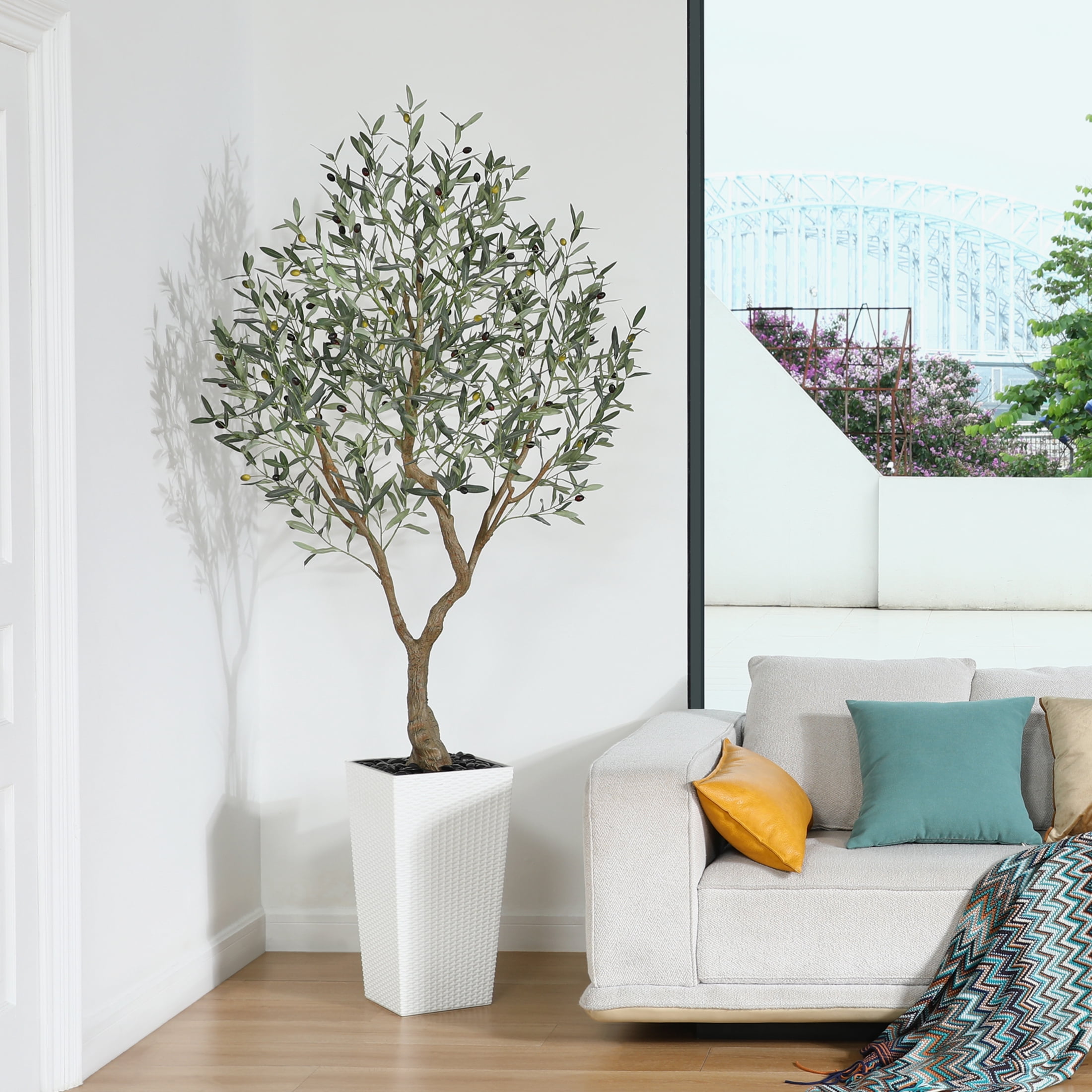 7ft UV Resistant Fake Olive Tree with White Tall Planter, Pre Potted Artificial Olive Tree for Indoor Outdoor Home Decor, Big Faux Plants Fake Plants for Office House Decor