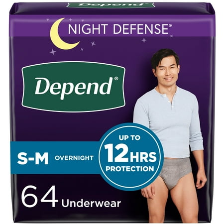Depend Night Defense Adult Incontinence Underwear for Men  Overnight  S/M  Grey  64Ct
