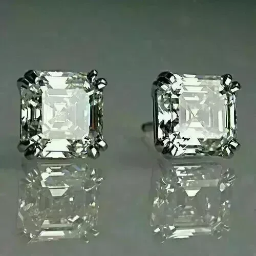 4Ct Asscher Cut Lab Created Diamond Solitaire Stud Earring 14K White Gold Plated