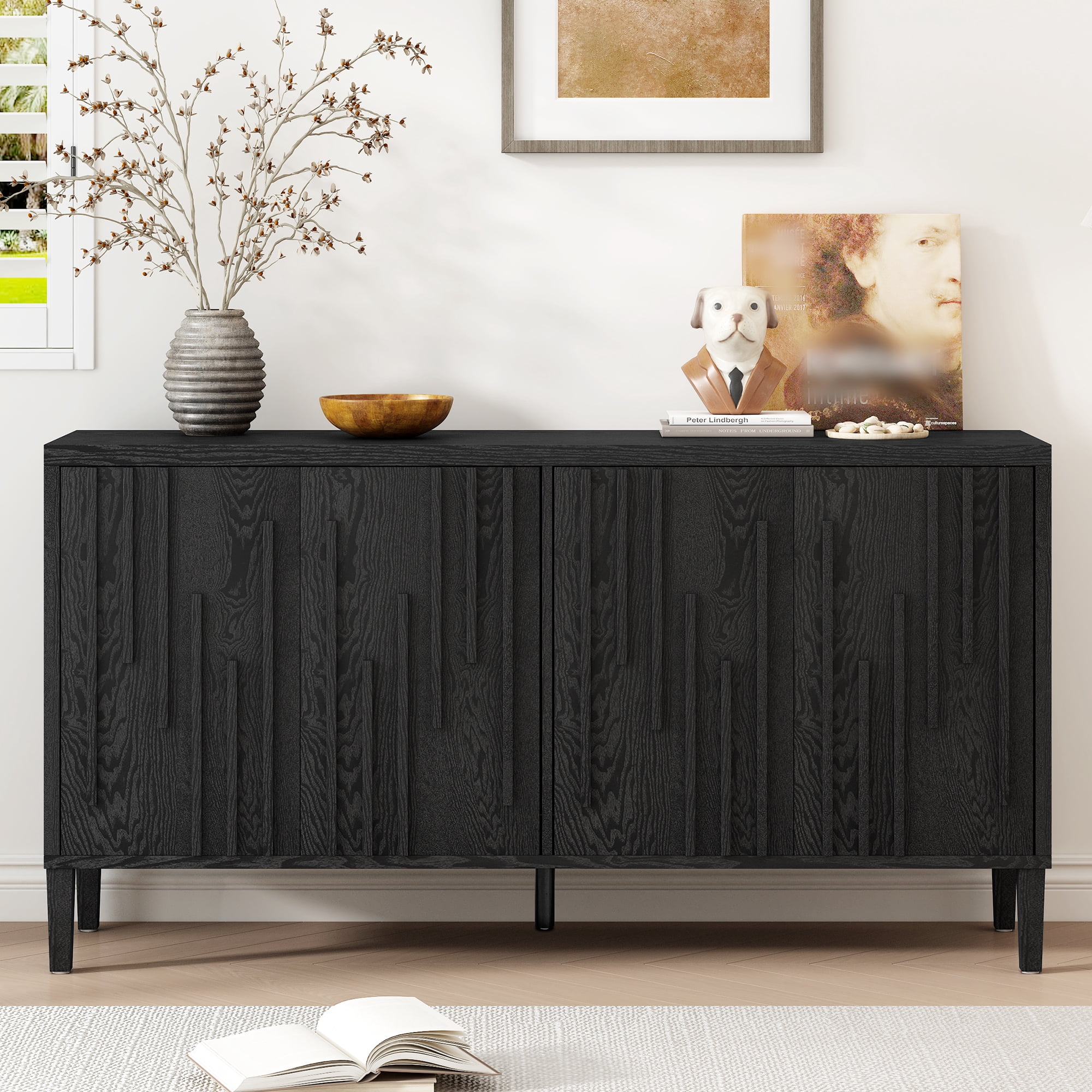 Euroco 59.8" Sideboard Buffet Cabinet,Wood Farmhouse Kitchen Cabinet TV Stand with Storage for Living Room,Hallway,Dining Room,Black