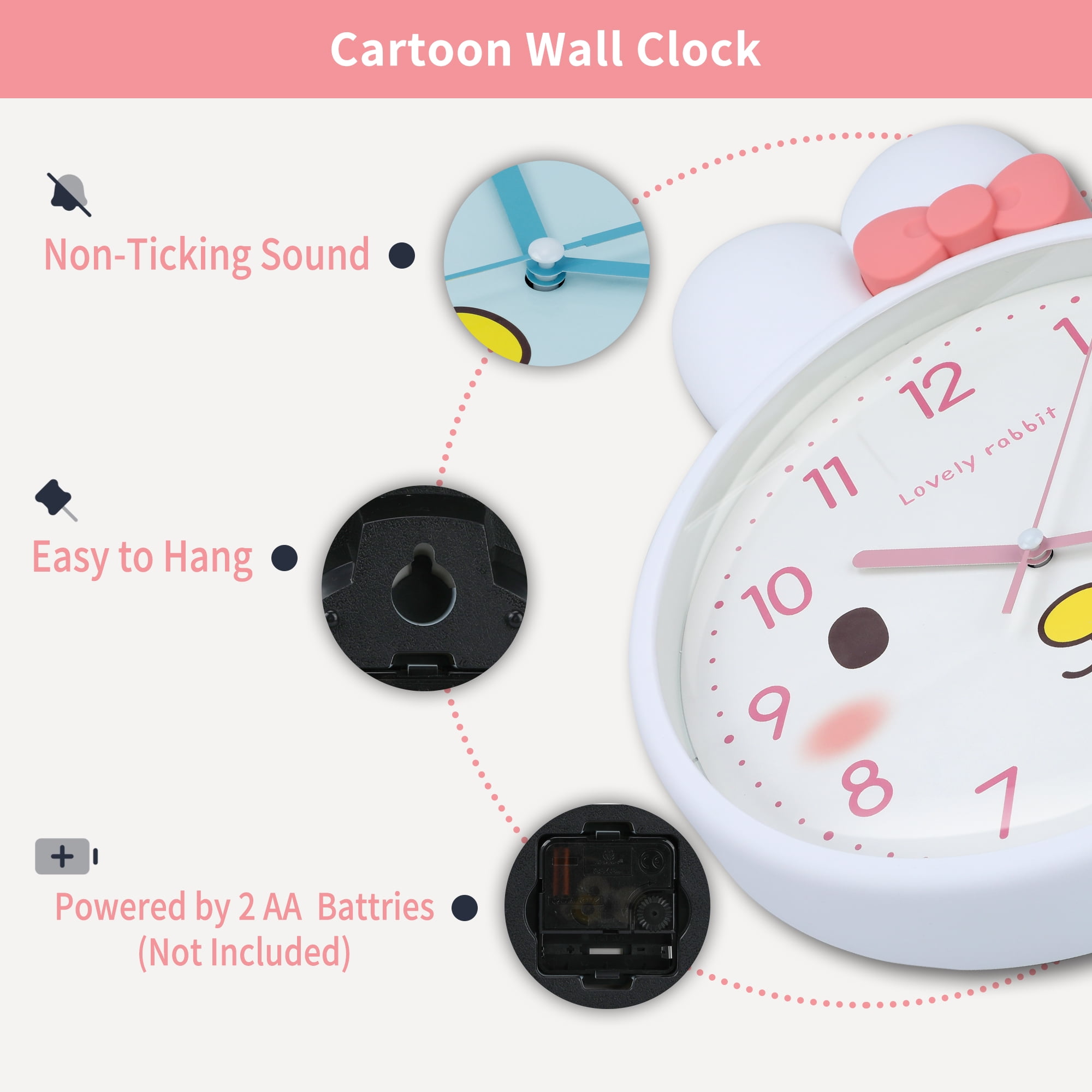 Unique Bargains 1pc Cute Bunny Face 3D Rabbit Wall Clock 13" x 10" x 1.5" White