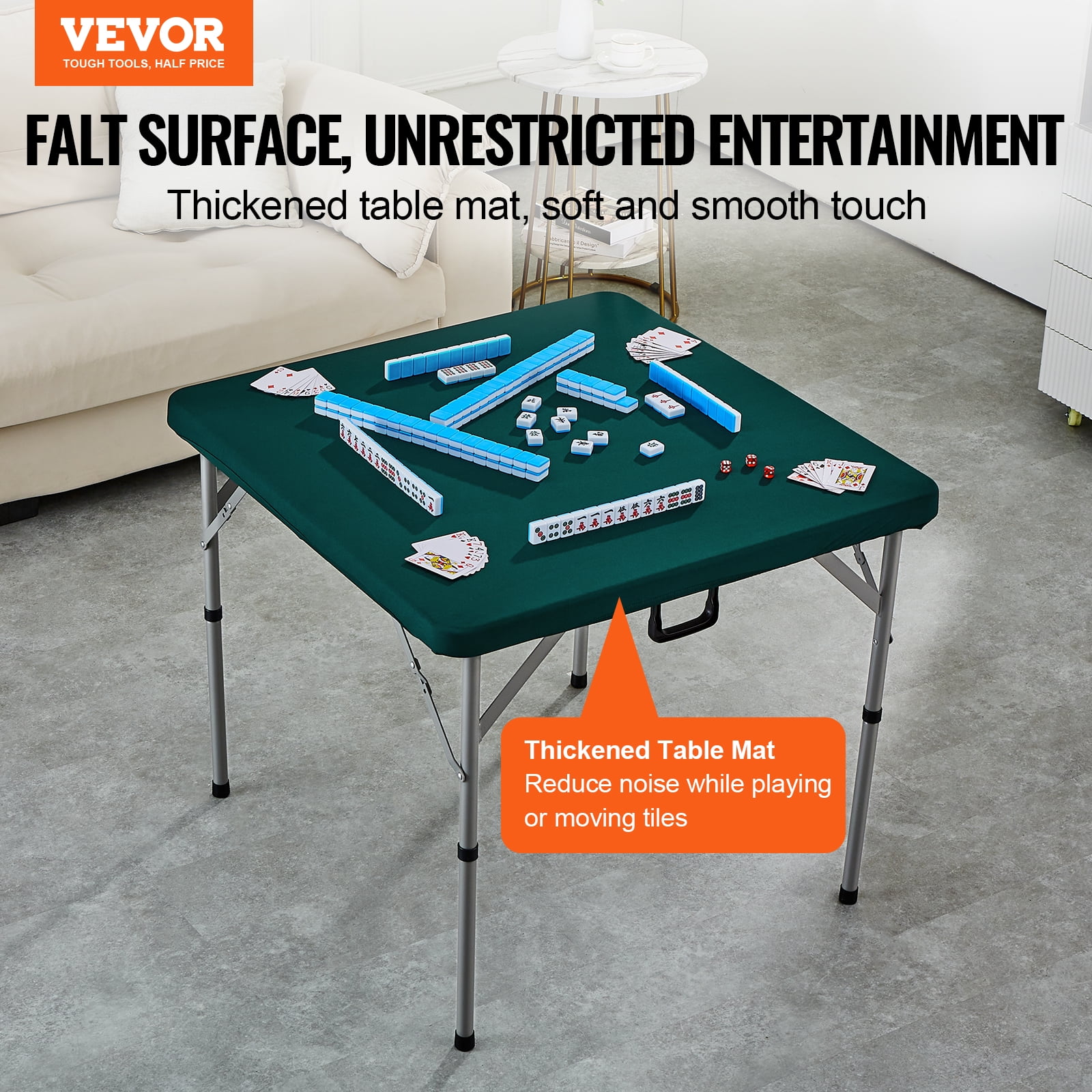 VEVOR Mahjong Table, Fold-in-Half 4 Player Card Table with Wear-Resistant White Tabletop, Portable Bi-Folding Square Domino Table with Carrying Handle for Outdoor Camping Picnic Party, 34 x 34-inch