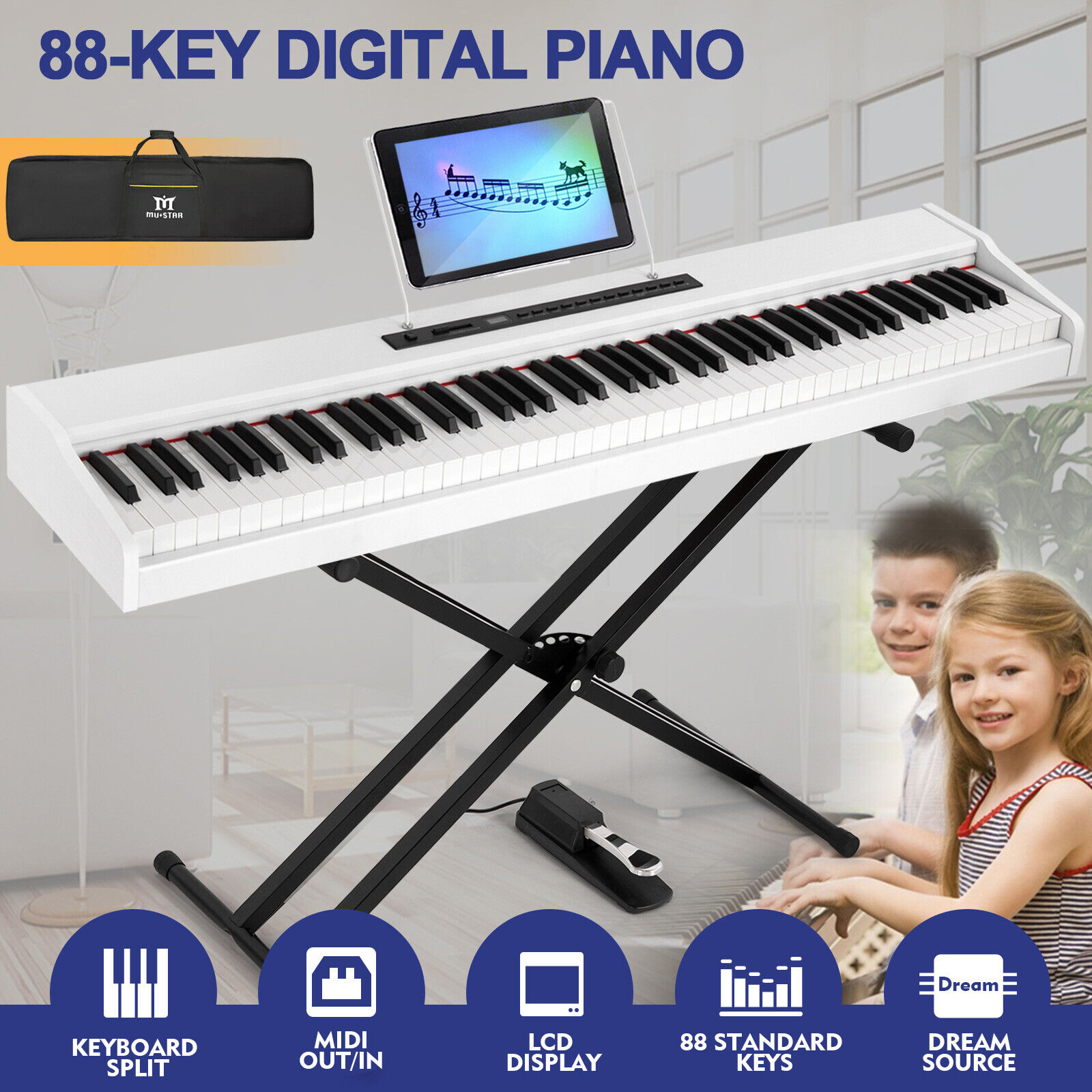 MUSTAR Portable 88 Keys Semi Weighted Digital Piano Electric Full Size Keyboard with Stand,Bluetooth,Sustain Pedal,Storage Bag(White)