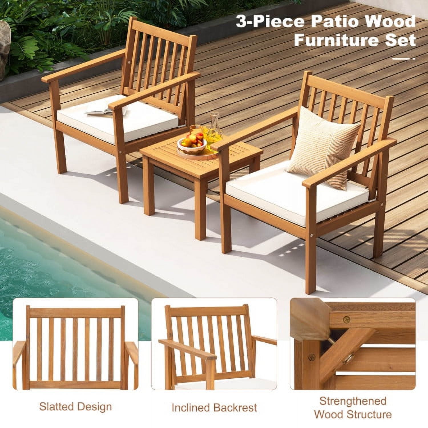 Aimee Lii 3 Pieces Patio Wood Furniture Set Acacia Wood Sofa Set with soft Cushions, Patio Furniture Sets, White Aimee Lii 3 Pieces Patio Wood Furniture Set Acacia Wood Sofa Set with soft Cushions, Patio Furniture Sets, White
