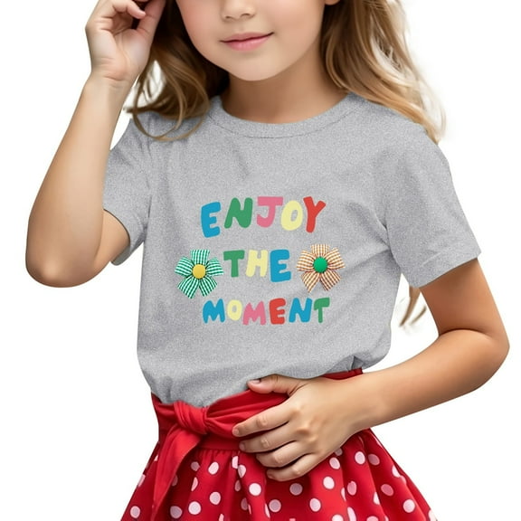 Toddler Kids Girls Spring Summer Casual Tops Short Sleeved Letter Flower Print Round Neck Comfortable T Shirt size 8-9T
