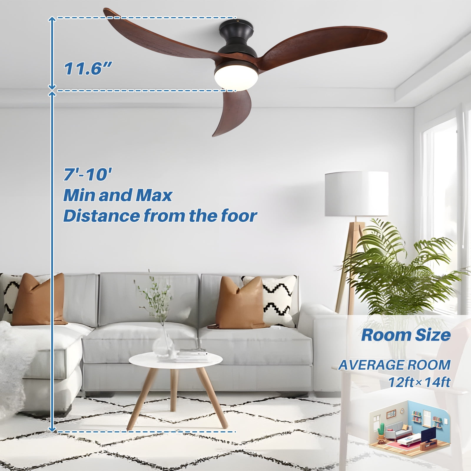 Sofucor 52-Inch Modern Flush Mount Ceiling Fan with LED Light and Remote Control