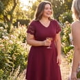 thumbnail image 3 of GRACE & GRANDEUR Women's Plus Size Dress Hollow Out V-Neck Elastic Waist Short Sleeve Summer A-Line Dresses with Pockets 2X Burgundy, 3 of 7