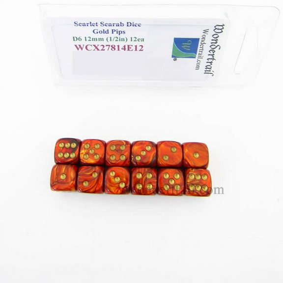 Scarlet Scarab Dice with Gold Pips 12mm (1/2in) D6 Set of 12 Wondertrail
