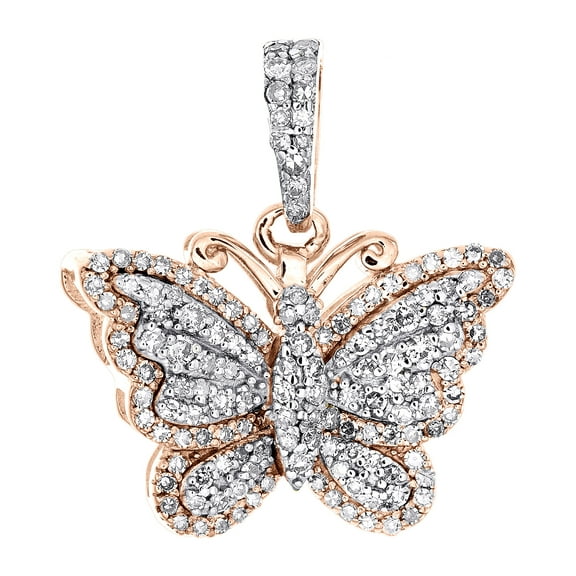 10K Rose Gold Round Diamond Double Frame Butterfly Pendant 0.70" Charm 3/8 CT.