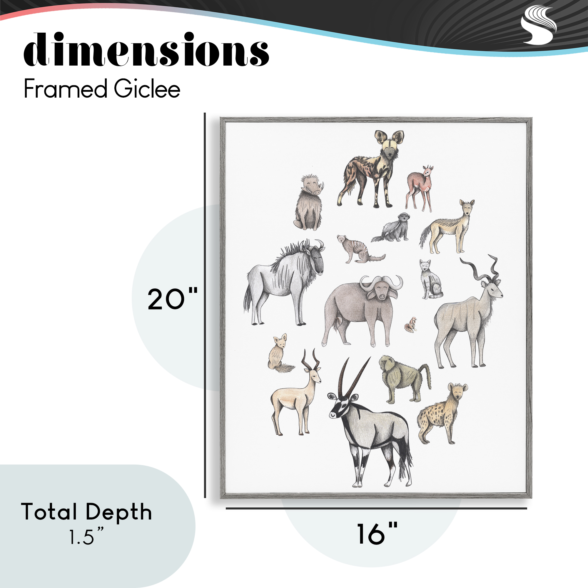 Simple Africa Animals Gray Framed Giclee Art, design by Cecilia Battaini