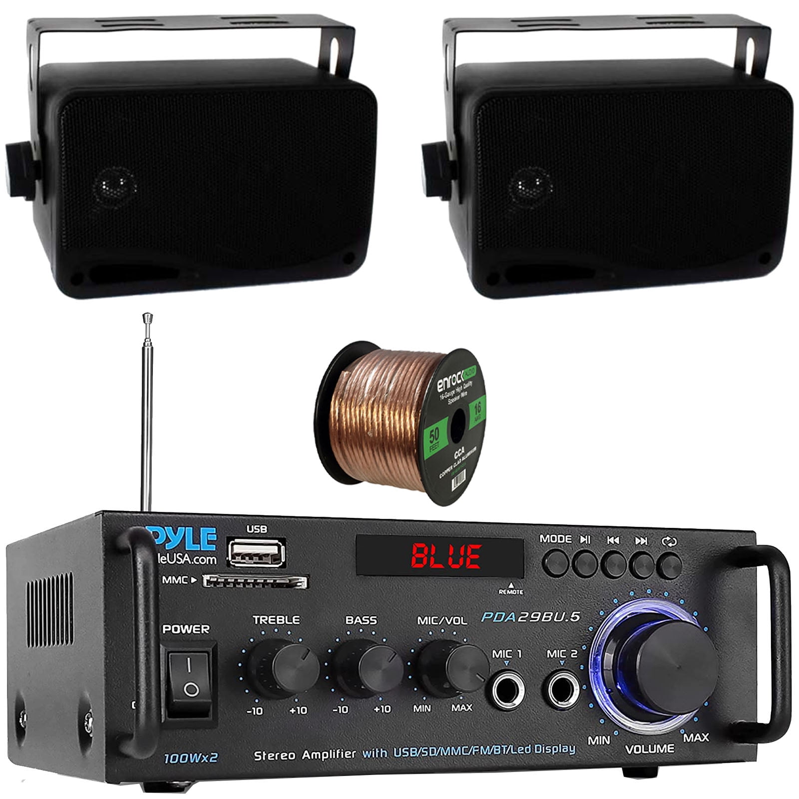 Pyle PDA29BU.6 Bluetooth USB/SD/FM Compact Power Stereo Home Audio Amplifier Receiver, 2x Pyle PLMR24B 3.5'' 200W Max Power 3-Way Indoor/Outdoor Wall Mount Speakers, 50 Feet 16 Gauge Speaker Wire