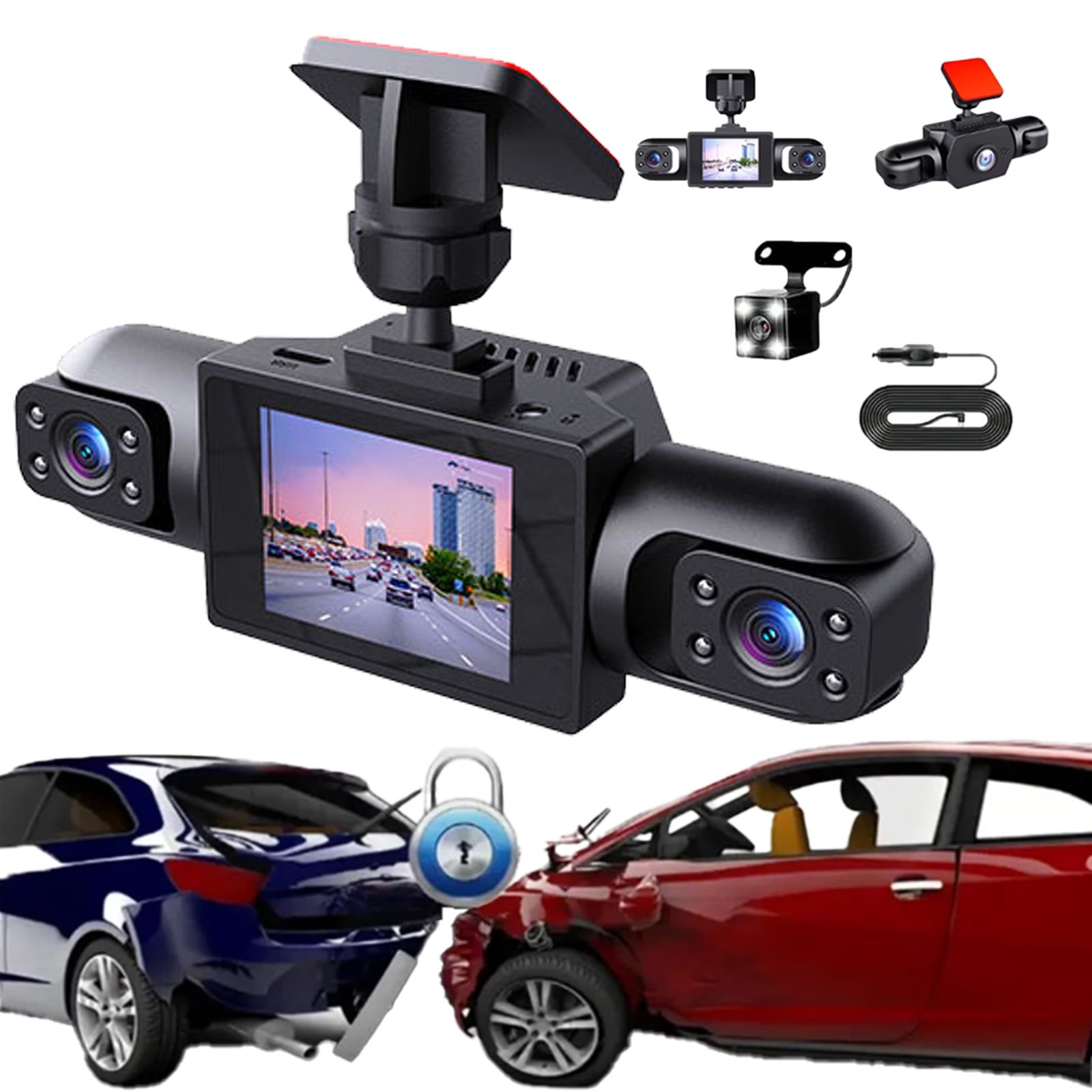 Wireless Dash Cam Front and Rear Camera System, Rechargeable Dash Cam No Wires,1080P 4-Channel Full App Control, Adjustable Lenses,Night Vision