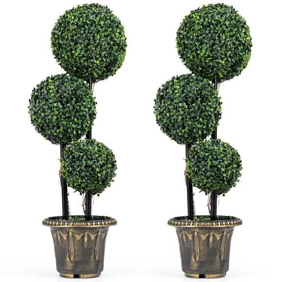 Gymax 2PCS 3 FT Artificial Boxwood Topiary Tree Sun-Protective Triple Ball Shrubs