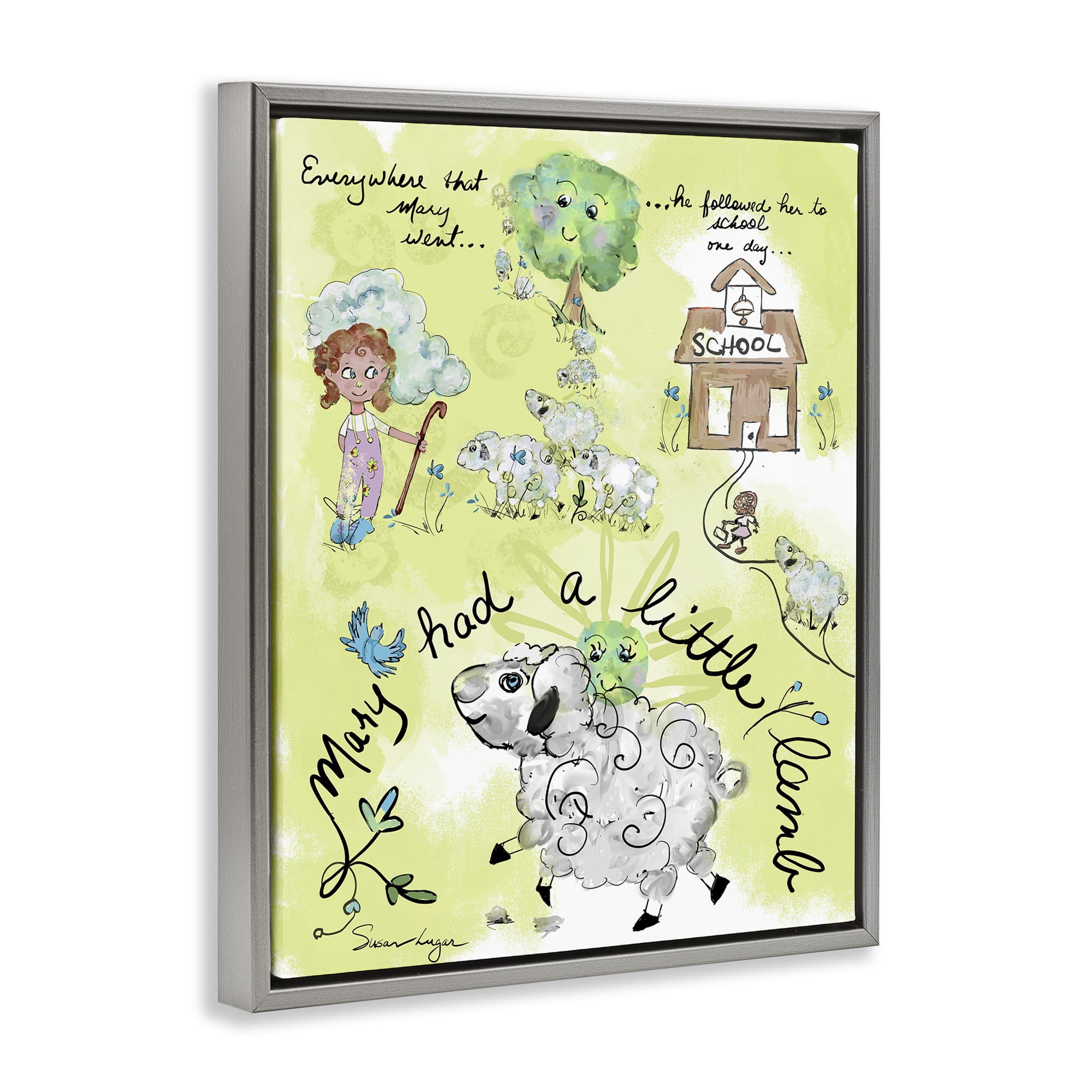 Stupell Industries Little Lamb Nursery Rhyme Gray Framed Floater Canvas Wall Art, design by Susan Lugar
