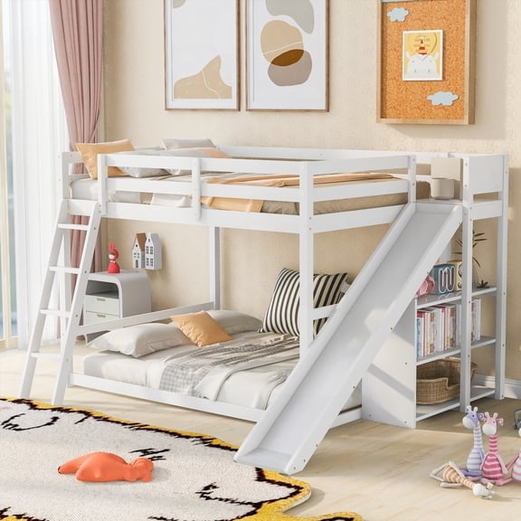 Full over Full Bunk Bed with Ladder & Slide, White | Sturdy Pine Construction