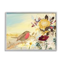 Stupell Industries Mixed Floral Bird Arrangement Painting Gray Framed Art Print Wall Art, Design by Robin Maria