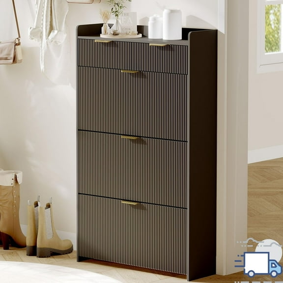 Wave Design Shoe Cabinet with 3 Flip Drawers & 2 Top Drawers – Slim Entryway Shoe Organizer with Side Hook, Raised Tabletop, and Hidden Storage