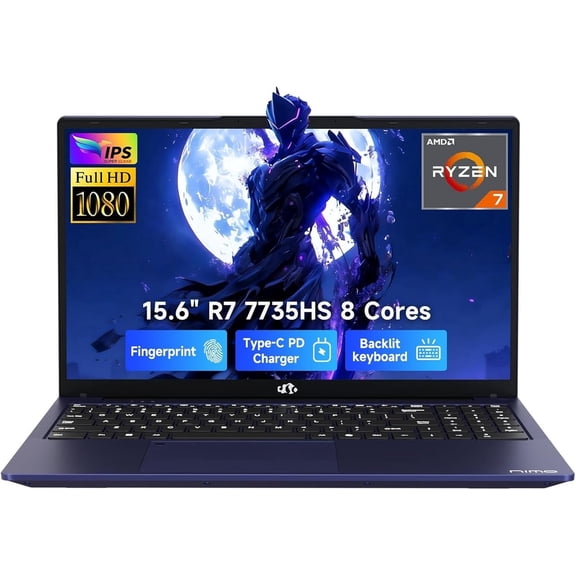 NIMO 2026 15.6" Laptop, AMD R7 7735HS Up to 4.75GHz, Beat i7-12650H) 16GB DDR5 RAM 512GB SSD Gaming Laptop with Radeon 680M GPU,FHD Display, 180° View, Backlit KB, Type C