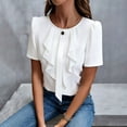 thumbnail image 3 of WAGUTH Women's Elegant Ruffle Front Blouses Short Sleeve Round Neck Solid Color Tops for Casual & Office Business Wear,White,XXL, 3 of 7