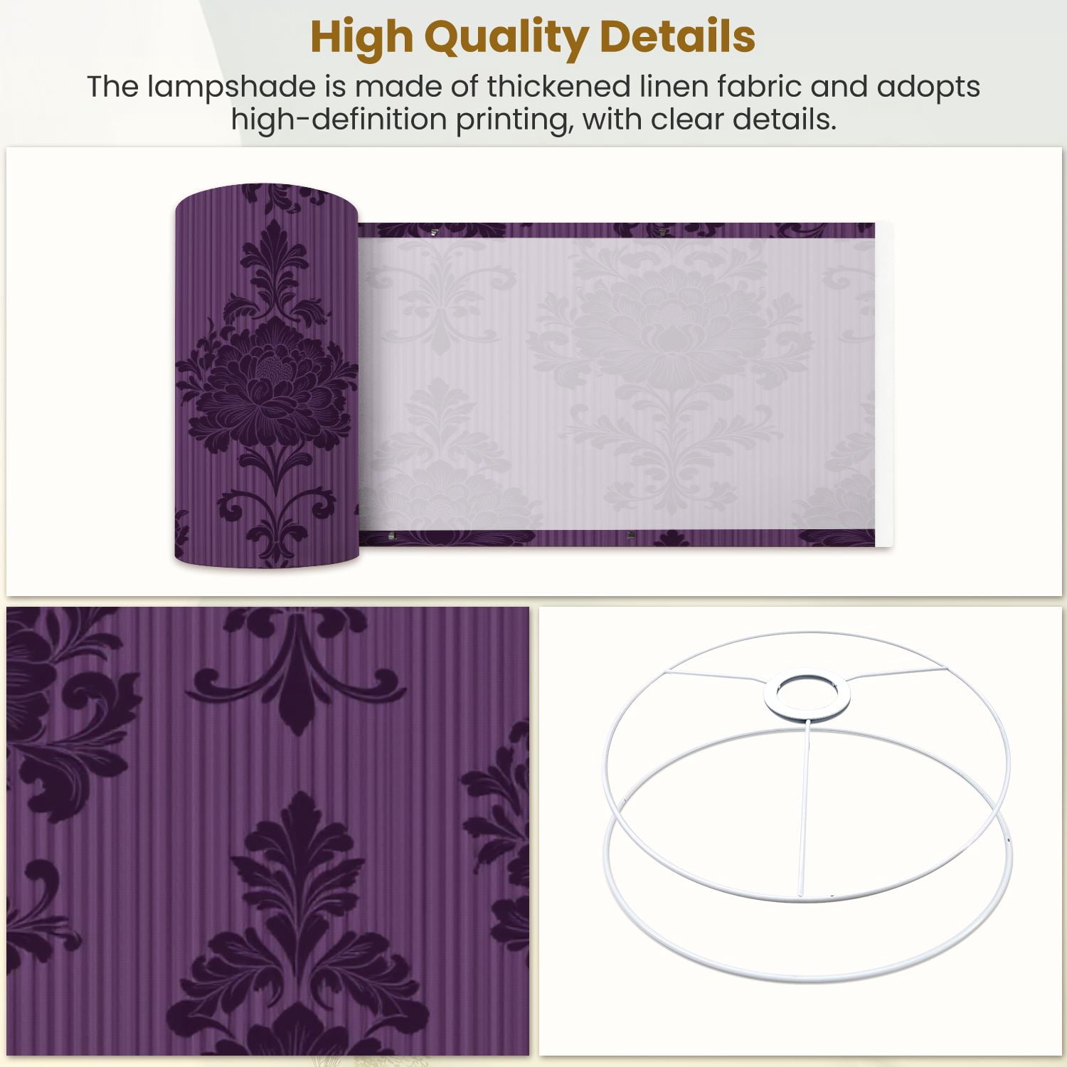 Gothic Linen Drum Lampshades Elegant Purple Damask Floral Vintage Baroque Style 13"x13"x10" Light Shade for Table Lamps Floor Lamp Shades Lampshade Replacement Assembly Required