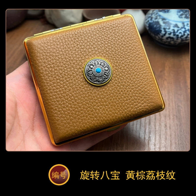 NP18 cowhide cigarette case thick cigarette side-turned ultra-thin cowhide hand-made first layer classic men's retro 20-pack gift,SKU00339-04黑色黄铜虎头
