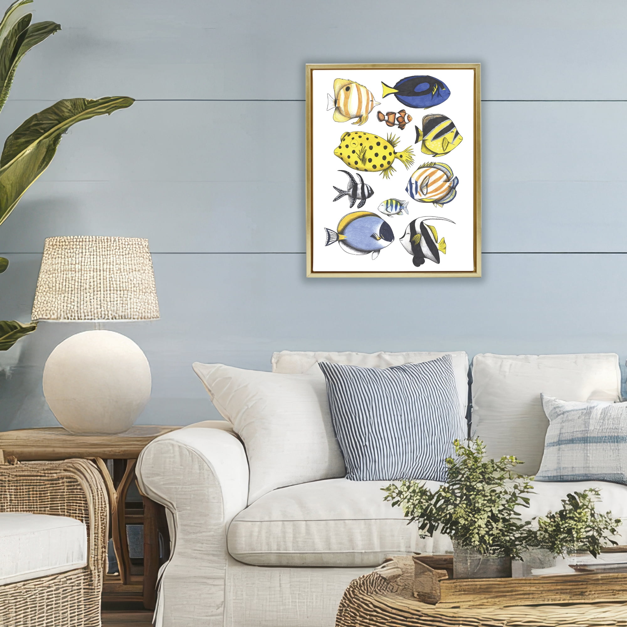 Stupell Industries Aquatic Fishes Collection Gold Framed Floater Canvas Wall Art, design by Cecilia Battaini