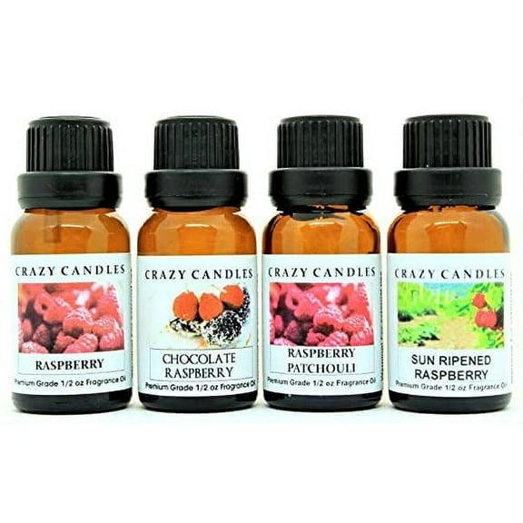 4 Bottle Set, Raspberry, Chocolate Raspberry, Sun Ripened Raspberry, Raspberry Patchouli 1/2 Fl Oz Each (15ml) Premium Grade Scented Fragrance Oils by Crazy Candles