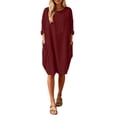 thumbnail image 4 of Oversized Baggy Midi Dress for Women Crew Neck Casual Loose Summer Dress with Pockets Basic Ladies Gown Knee Length Sundress, 4 of 5