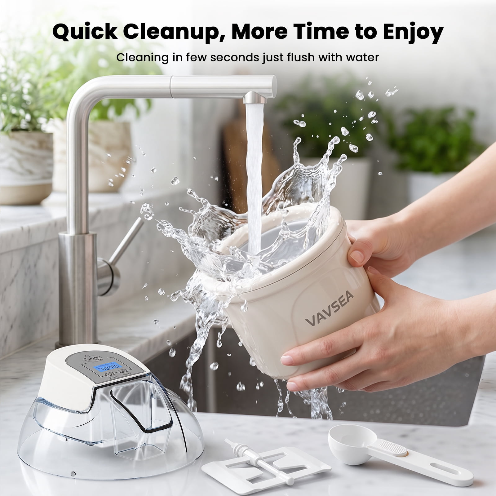 VAVSEA 1.5 Qt Ice Cream Maker with Scoop, Double-Insulated Freezer Bowl, Electric Ice Cream Machine Easy Make, Healthy Homemade Automatic Sobert Maker for Gelato, Frozen Yogurt, White