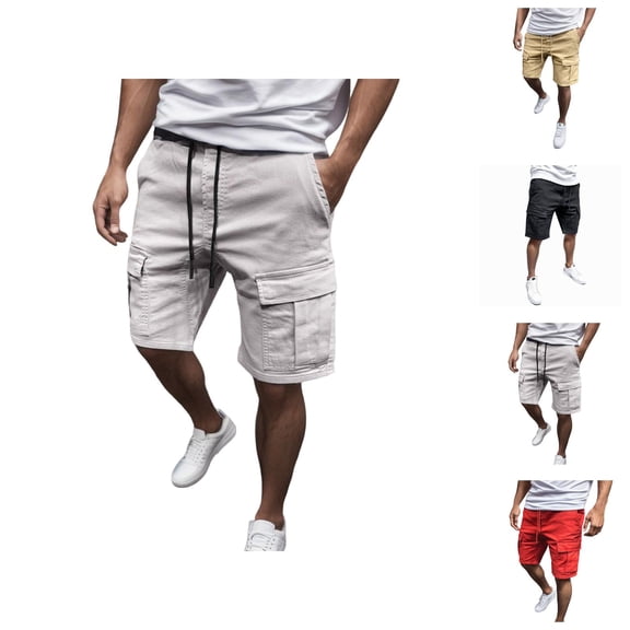 Mens Cargo Shorts Solid Color Drawstring Pocket Slim Fit Summer Casual Bottoms Relaxed Daily