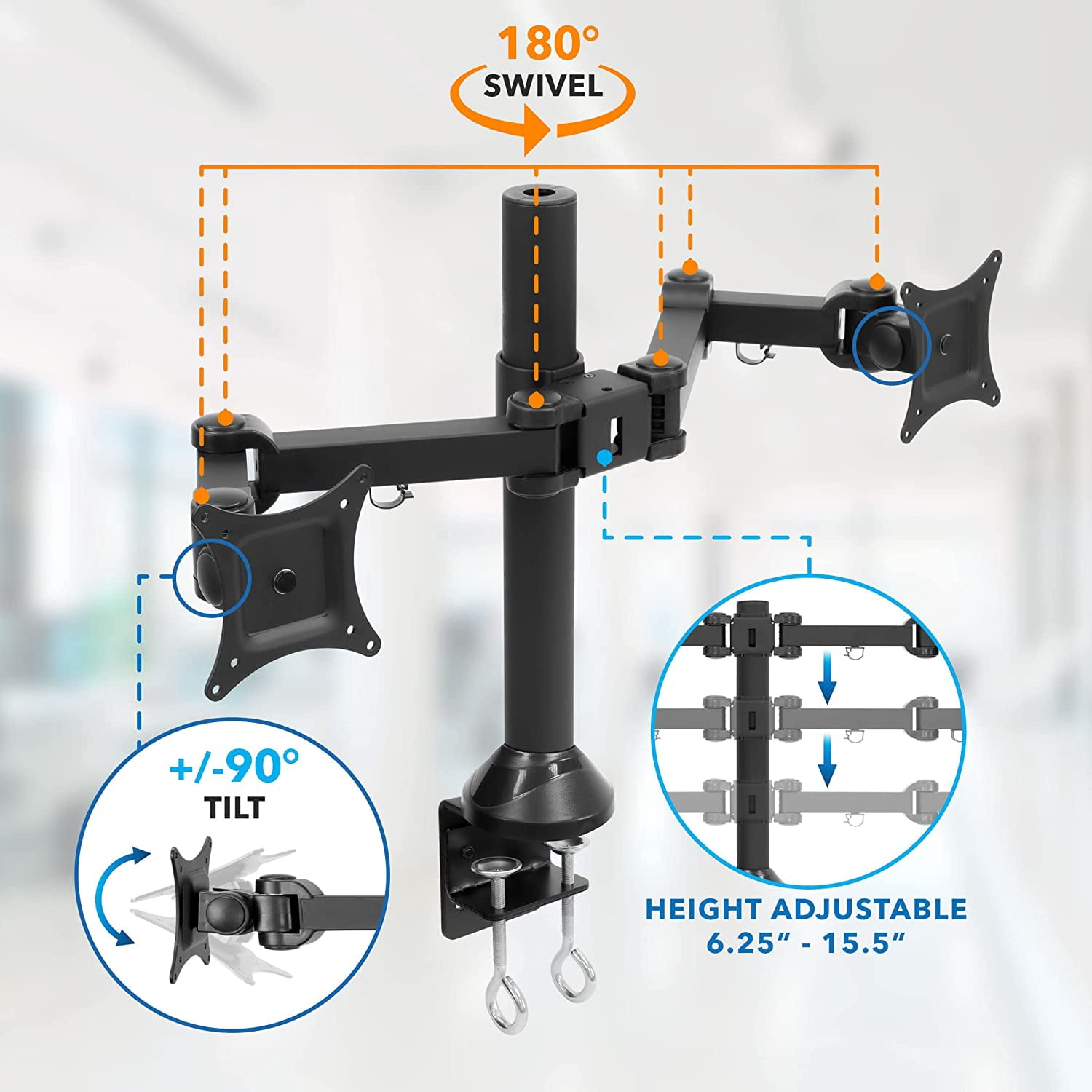 Mount-It! Dual Monitor Desk Stand | Fits 2 Computer Screens 19"-27" | Heavy Duty Full Motion Arms | C-Clamp and Grommet Base Mount
