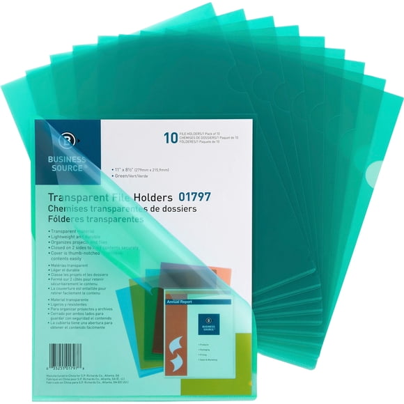 Carpeta de archivos Business Source, poliéster verde transparente, paquete de 10