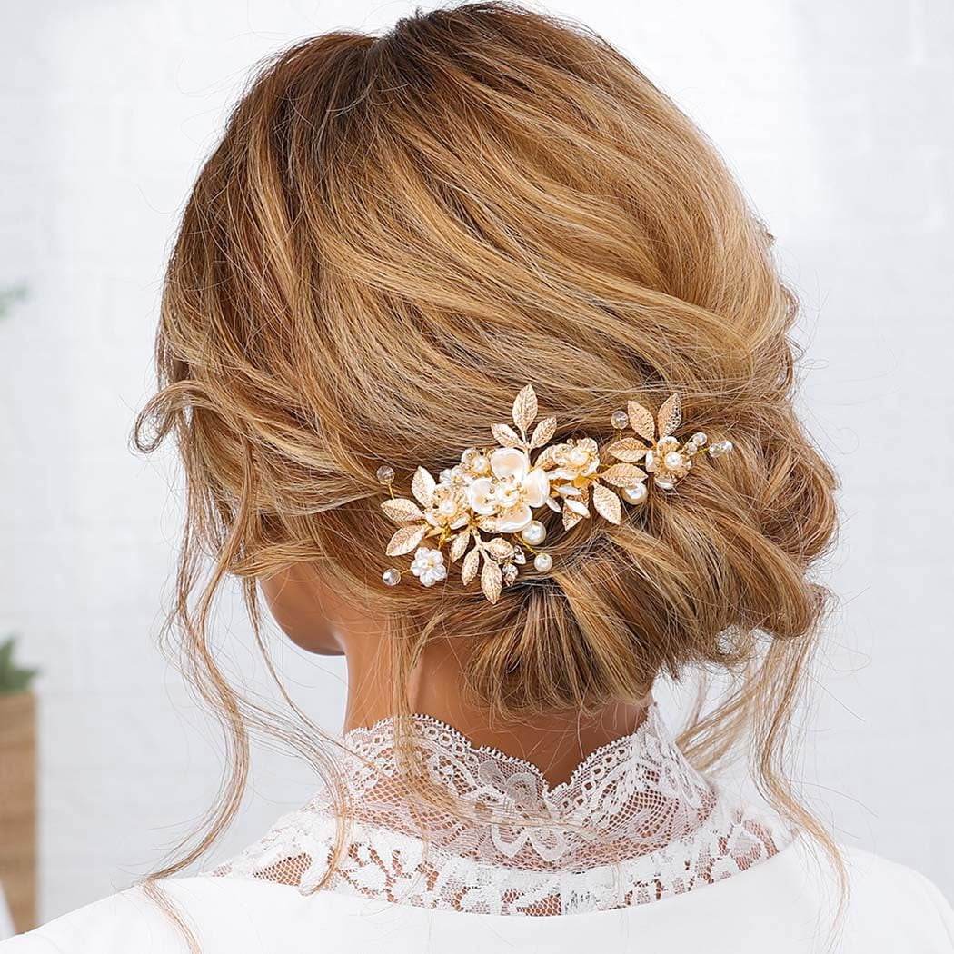 Gold Hair Clip Bridal Hair Accessories Flower Hair Piece for Women FJ03 (Gold)