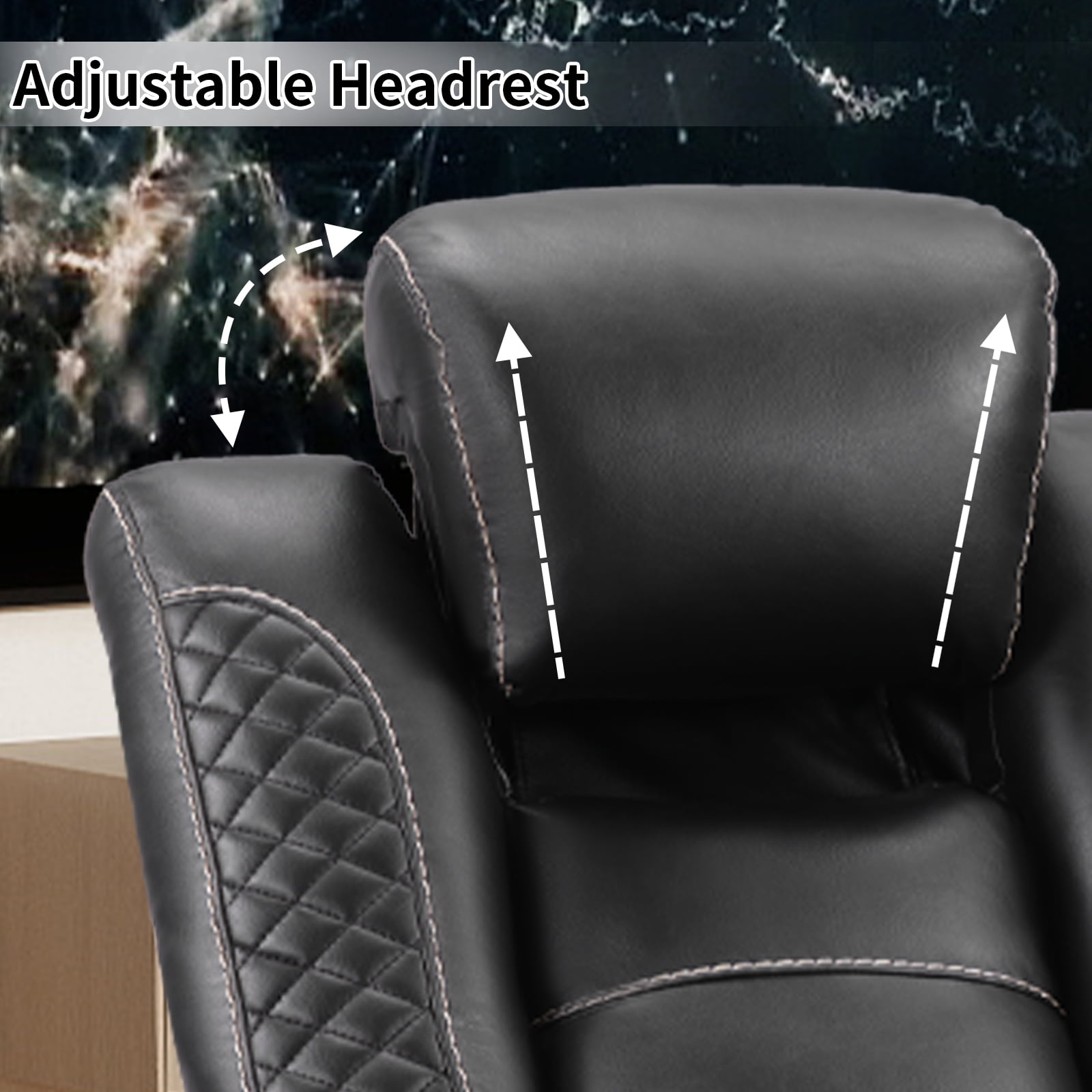 Bonzy Home Power Theater 3-Seat Recliner Sofa — PU Leather Power Recliner with Cup Holders, Hidden Arm Storage, USB Ports, LED Lights & Adjustable Headrests, Black