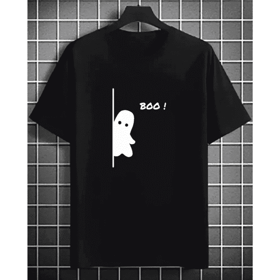 Halloween Ghost Print T-Shirt for Men, Soft Cotton Crew Neck Short Sleeve Black Top, Sizes S-3XL