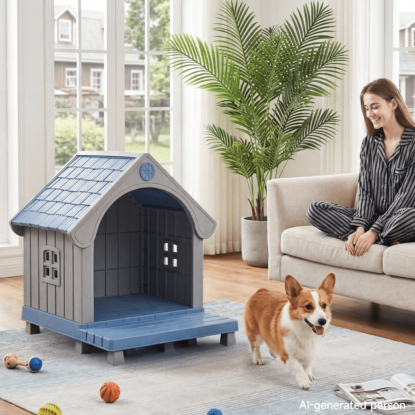 Dovov Plastic Dog House with Elevated Floor and Air Vents, Waterproof Doghouse Indoor Outdoor Dog Kennel with Porch, Large Puppy Shelter, Blue Gray