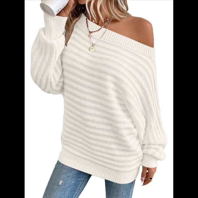 Suéteres de Otoño para Mujer, Hombros Descubiertos, Mangas Murciélago, Tops de Punto Texturizados, Suéter Extragrande de un Solo Hombro. Benbai XL