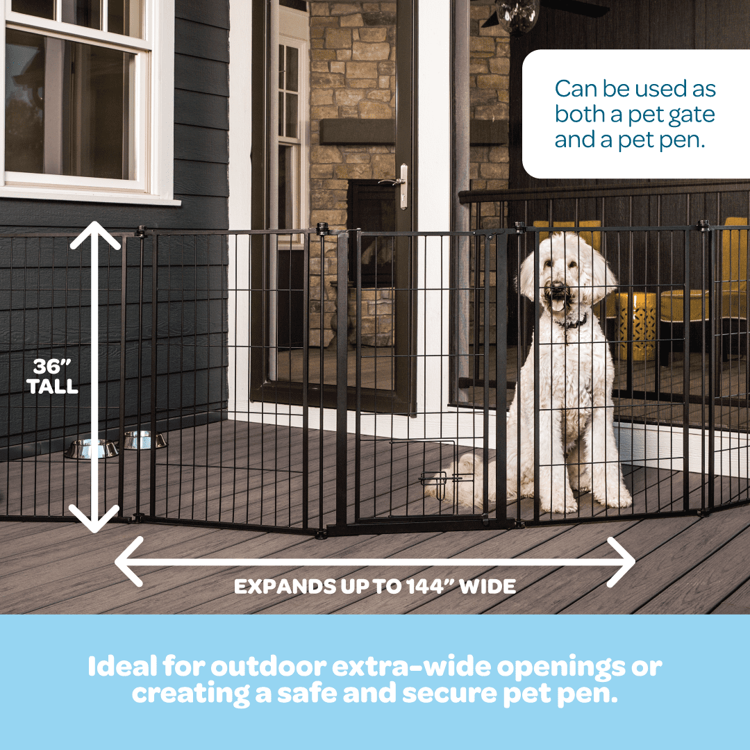 Carlson Extra Tall Heavy-Duty Pet Gate and Pen, 36-inch x 144-inch, Weather-Resistant, Walk Through Door, Black