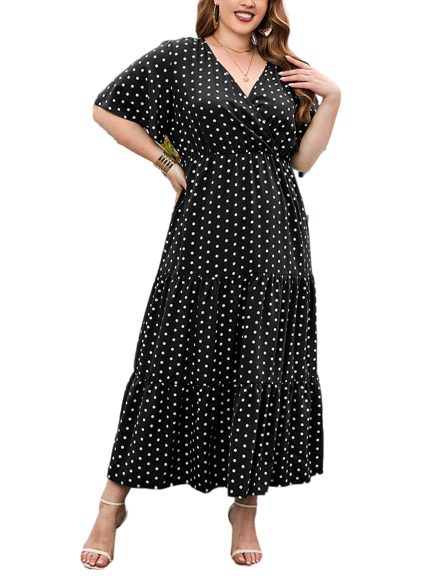 Bellella Robe Longue pour Femme à Col en V, Robe d'Été à Manches Courtes, Maxi d'Été, Coupe Ample, Grande Taille, Voyage, Noir, G