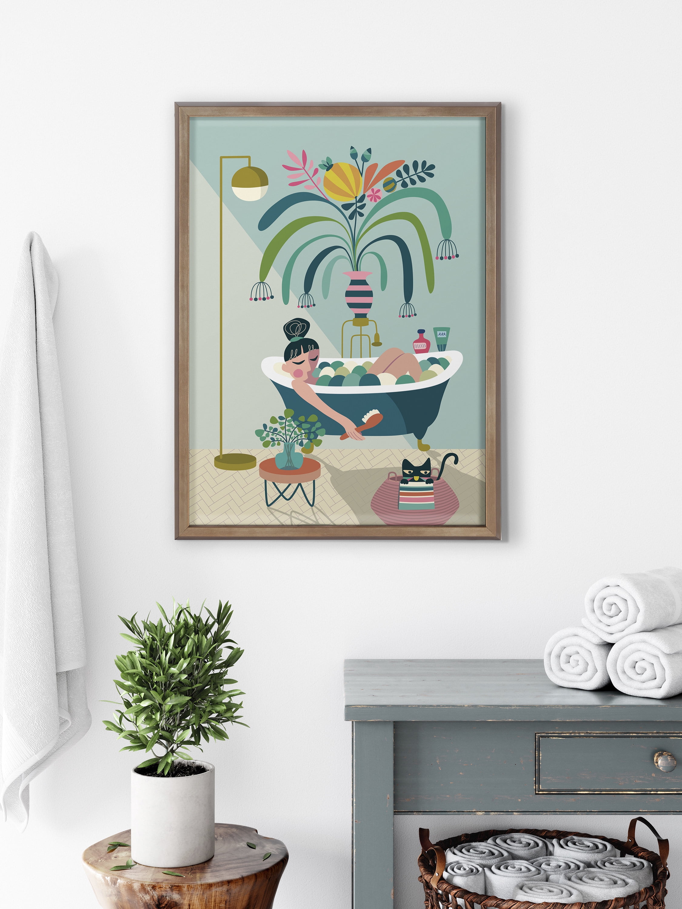 Kate and Laurel Blake Time to Relax Framed Printed Glass Wall Art by Rachel Lee, 18x24 Gold, Mid Century Modern Bathroom Art for Wall