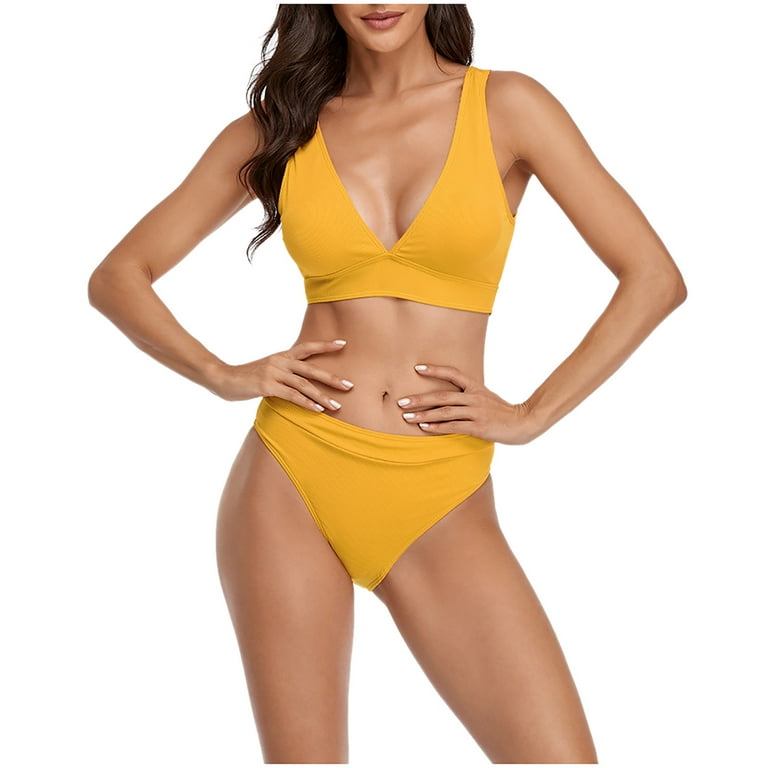 Jacenvly 2024 Plus Size Bikini Swimsuits for Women Clearance Skin-Friendly  Women's Fashion Bikini Set Swimsuit Two Piece Filled Soild Swimwear  Beachwear Solid Cozy Summer Beach Dresses Yellow 