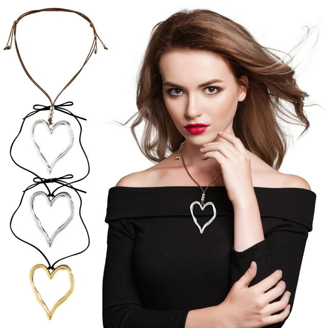 Fiudx Collar de Corazón Bayetss, Diseño de Colgante de Amor Grande, Cadena de Cuero Ajustable, Construcción de Aleación Resistente, Ideal para Fiestas, Festivales y Uso Diario, Talla Única.